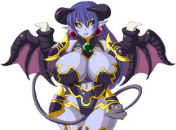 Rule 34 | 1girl, :d, armor, astaroth (shinrabanshou), bare shoulders, between legs, black leotard, blue hair, blue skin, breast hold, breasts, cleavage, colored skin, cowboy shot, crossed arms, curvy, demon girl, demon wings, detached collar, earrings, eyebrows, faulds, female focus, groin, hair between eyes, heart, heart earrings, highleg, highleg leotard, highres, hip focus, horns, huge breasts, jewelry, legs together, leotard, long hair, looking at viewer, navel, open mouth, parted lips, pauldrons, pointy ears, purple legwear, shinrabanshou, shoulder armor, simple background, slit pupils, smile, solo, spikes, standing, strapless, strapless leotard, tail, tail between legs, thighs, turtleneck, umigarasu (magipro), very long hair, white background, wide hips, wings, yellow eyes