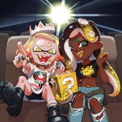 Rule 34 | + +, 2girls, ? block, boots, casual, cephalopod eyes, clothes around waist, company connection, crop top, crown, denim, eating, fangs, food, highres, inkling, jeans, jewelry, marina (splatoon), mario (series), movie projector, movie theater, multiple girls, necklace, nintendo, octoling, open mouth, oversized clothes, oversized shirt, pants, pearl (splatoon), pink pupils, pointing, popcorn, ring, shirt, sitting, smile, splatoon (series), splatoon 2, stup-jam, suction cups, super mushroom, super star (mario), tentacle hair, the super mario bros. movie, torn clothes, torn jeans, torn pants
