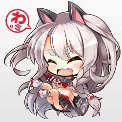 Rule 34 | 1girl, :3, :d, ^ ^, animal ears, azur lane, black skirt, blush, braid, breasts, cannon, chibi, closed eyes, commentary request, crop top, crop top overhang, fang, fingerless gloves, full body, gloves, grey background, hair between eyes, hair ornament, long hair, loose socks, medium breasts, midriff, navel, open mouth, pleated skirt, puffy short sleeves, puffy sleeves, red footwear, red gloves, school uniform, serafuku, shachoo., shirt, short sleeves, side braid, silver hair, simple background, single braid, skirt, smile, socks, solo, tail, thick eyebrows, translation request, turret, underboob, very long hair, white shirt, white socks, wolf ears, wolf girl, wolf tail, yuudachi (azur lane)
