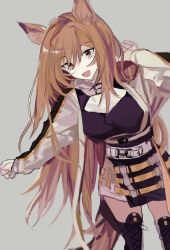 Rule 34 | 1girl, animal ears, arknights, belt, black dress, boots, brown hair, ceobe (arknights), coat, cross-laced footwear, dress, fang, hand up, high collar, highres, lace-up boots, long hair, long sleeves, looking at viewer, marumarukin, open clothes, open coat, open mouth, outstretched arm, red eyes, smile, solo, tail, thigh boots, white coat
