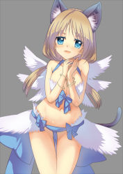 Rule 34 | 1girl, alternate color, animal ear fluff, animal ears, bangle, bikini, blonde hair, blue bikini, blue bow, blue eyes, blush, bow, bracelet, breasts, breasts squeezed together, cat ears, cat tail, cleavage, closed mouth, commentary request, cowboy shot, feathered wings, grey background, jewelry, kawagoe pochi, large bow, large breasts, long hair, looking at viewer, mismatched bikini, navel, own hands together, ragnarok online, simple background, solo, swimsuit, tail, wanderer (ragnarok online), white bikini, white wings, wings