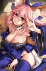 Rule 34 | 1girl, absurdres, animal ear fluff, animal ears, blue thighhighs, breasts, cleavage, detached collar, fate/extra, fate/grand order, fate (series), hair between eyes, highres, meltyrice, pink hair, skindentation, tamamo (fate), tamamo no mae (fate/extra), tamamo no mae (mythology), thighhighs, thighs