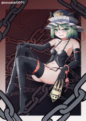 Rule 34 | 1girl, bare shoulders, black gloves, blush, bondage outfit, chain, cuffs, dominatrix, elbow gloves, frilled hat, frills, gloves, green hair, handcuffs, hat, highres, holding, leather, leather gloves, navel, onkona minazuki, rod of remorse, shiki eiki, smile, solo, thighhighs, touhou