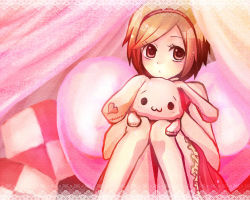Rule 34 | 1girl, :3, aged down, brown hair, dress, meiko (vocaloid), pink theme, rabbit, red eyes, red theme, short hair, solo, stuffed animal, stuffed rabbit, stuffed toy, toy, vocaloid
