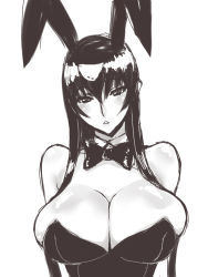 Rule 34 | 1girl, animal ears, arms behind back, bare shoulders, blush, bow, bowtie, breasts, brown theme, busujima saeko, cleavage, detached collar, fake animal ears, hair between eyes, hair over shoulder, head tilt, highschool of the dead, huge breasts, large breasts, leotard, long hair, monochrome, parted lips, playboy bunny, poin (hidsuki), rabbit ears, shiny skin, sketch, skindentation, solo, upper body