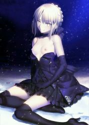 Rule 34 | 1girl, artist request, artoria pendragon (all), artoria pendragon (fate), bad id, bad pixiv id, black thighhighs, blonde hair, blush, breasts, dark persona, elbow gloves, fate/grand order, fate/stay night, fate (series), gloves, gothic lolita, lolita fashion, nude filter, saber (fate), saber alter, sitting, snow, takeuchi takashi, thighhighs, third-party edit, yellow eyes
