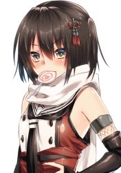 Rule 34 | 10s, 1girl, bad hands, black gloves, black hair, black necktie, brown eyes, candy, elbow gloves, eyebrows, fingerless gloves, food, gloves, hair ornament, kantai collection, keita (tundereyuina), lollipop, mouth hold, necktie, scarf, sendai (kancolle), sendai kai ni (kancolle), short hair, solo, twintails, two side up, upper body, white scarf