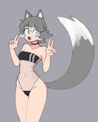 Rule 34 | 1girl, :3, absurdres, animal ears, blue eyes, blush stickers, cat ears, cat girl, cat tail, collarbone, cowboy shot, doce, double v, fang, female focus, grey background, grey hair, highres, looking at viewer, nana (docecaedrus), navel, one-piece swimsuit, open mouth, original, see-through, see-through one-piece swimsuit, see-through swimsuit, short hair, simple background, skin fang, swimsuit, tail, v