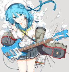 Rule 34 | 10s, 1girl, amplifier, bad id, bad pixiv id, bass guitar, blue eyes, blue hair, breasts, collarbone, commentary request, double bun, elbow gloves, gloves, grey background, grin, guitar, hair bun, hat, instrument, kantai collection, long hair, looking at viewer, medium breasts, ninimo nimo, pleated skirt, rickenbacker, rickenbacker 4001, sailor hat, scarf, school uniform, serafuku, simple background, skirt, sleeves rolled up, smile, smoke, solo, urakaze (kancolle), white gloves, white hat