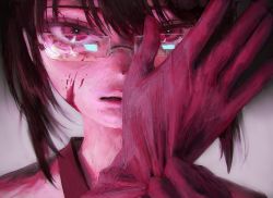 Rule 34 | 1girl, black hair, blood, blood on face, blood splatter, copyright request, glasses, gloves, grey background, hatena (nazequestion), highres, looking at viewer, pink eyes, pink gloves, putting on gloves, reflection, short hair, solo