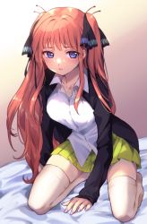 Rule 34 | 1girl, bed, bed sheet, black cardigan, black ribbon, blue eyes, blunt bangs, blush, breasts, butterfly hair ornament, cardigan, cleavage, closed mouth, collarbone, frown, go-toubun no hanayome, green skirt, hair ornament, highres, indoors, large breasts, long hair, looking at viewer, maruta (shummylass), multicolored nails, nail polish, nakano nino, open cardigan, open clothes, pink hair, ribbon, school uniform, shirt, sidelocks, simple background, sitting, skirt, sleeves past wrists, thick thighs, thighhighs, thighs, twintails, wariza, white shirt, white thighhighs, zettai ryouiki