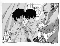 Rule 34 | 2boys, air conditioner, basket, blanket, border, bowl cut, brothers, clothes hanger, clothes pin, drying, drying clothes, eokonuzu, greyscale, hands up, holding, holding basket, kageyama ritsu, kageyama shigeo, laundry, laundry basket, long sleeves, looking at another, male focus, mob psycho 100, monochrome, multiple boys, print shirt, profile, railing, shirt, short hair, short sleeves, siblings, sideways glance, smile, star (symbol), star print, t-shirt, towel, upper body, wind