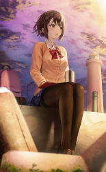 Rule 34 | 1girl, absurdres, backpack, bag, blush, book, bow, breasts, brown cardigan, brown eyes, brown footwear, brown hair, cardigan, cloud, cloudy sky, collared shirt, commentary request, cup, diagonal-striped bow, dress shirt, highres, holding, holding cup, hyonee, kamiyama high school uniform (project sekai), loafers, looking away, mug, open mouth, original, outdoors, pantyhose, red bow, ribbon, school uniform, shirt, shoes, short hair, sitting, skirt, sky, small breasts, solo, star (sky), starry sky, sunset, sweater, white shirt