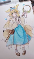 Rule 34 | 1girl, animal ears, arknights, bag, blonde hair, blue butterfly, blue hairband, blue skirt, blush, bobby socks, brown bag, brown footwear, bug, butterfly, cardigan, collaboration, cross-laced clothes, cross-laced skirt, fanxingjiang, fox ears, fox girl, fox tail, frilled hairband, frills, full body, green eyes, grin, hairband, heixiu, highres, holding, holding staff, insect, kitsune, kyuubi, long hair, long sleeves, luo xiaohei zhanji, mary janes, multiple tails, neck ribbon, official alternate costume, painting (medium), puffy long sleeves, puffy sleeves, red ribbon, ribbon, round bag, shirt, shoes, shoulder bag, skirt, smile, socks, solo, staff, suzuran (arknights), suzuran (spring praise) (arknights), tail, traditional media, watercolor (medium), white shirt, white socks, yellow cardigan