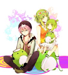 Rule 34 | 1boy, 2girls, 66 (roro), alternate eye color, bad id, bad pixiv id, bandaid, barefoot, beanie, black gloves, blue eyes, blush, bonnet, buttons, child, colored eyelashes, dress, empty eyes, gloves, goggles, goggles on head, green eyes, green hair, gumi, hair bobbles, hair ornament, hat, headphones, heart, if they mated, indian style, jacket, kappa, miniskirt, multiple girls, necktie, open mouth, pants, pink hair, short hair, short twintails, sitting, sitting on lap, sitting on person, skirt, sleeveless, twintails, vocaloid, vy2, white skirt, wristband, aged down, yumeru