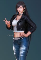 Rule 34 | 1girl, 3d, alternate costume, artist name, belt, black choker, black hair, black jacket, black nails, blue pants, breasts, casual, choker, cowboy shot, crescent, crescent earrings, crescent moon, crop top, cropped jacket, denim, earrings, final fantasy, final fantasy vii, final fantasy vii remake, gold earrings, hand on own hip, highres, jacket, jeans, jewelry, large breasts, lips, long hair, looking at viewer, midriff, moon, navel, pants, raidenwgt, red eyes, simple background, single earring, single sidelock, solo, square enix, studded belt, swept bangs, tank top, tifa lockhart, v, white tank top