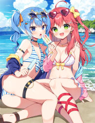 Rule 34 | 2girls, :d, :o, ahoge, ass, bare shoulders, bikini, black choker, blue eyes, blue hair, blue jacket, blue sky, blush, bow, bow bikini, breasts, choker, cleavage, cloud, cloudy sky, commentary request, day, eyewear on head, food, green eyes, hair between eyes, hair bow, hair ornament, hairclip, hand on another&#039;s shoulder, heart, heart-shaped eyewear, heart bikini, holding, holding food, hololive, hoshimachi suisei, ice cream, jacket, long hair, looking at viewer, mauve, medium breasts, multiple girls, off shoulder, one side up, open clothes, open jacket, open mouth, outdoors, pink jacket, popsicle, purple-framed eyewear, red hair, sakura miko, side ponytail, sky, small breasts, smile, star-shaped eyewear, star (symbol), striped bikini, striped clothes, sunglasses, swimsuit, very long hair, virtual youtuber, white bikini, x hair ornament, yellow-framed eyewear, yellow bow