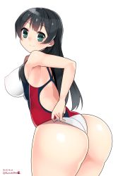 Rule 34 | 10s, 1girl, 2015, agano (kancolle), ass, black hair, blush, breasts, clothes pull, competition swimsuit, covered erect nipples, curvy, dated, female focus, green eyes, highres, huge ass, kantai collection, kuro chairo no neko, large breasts, long hair, one-piece swimsuit, one-piece swimsuit pull, simple background, smile, solo, swimsuit, thick thighs, thighs, twitter username, white background, wide hips