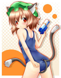 Rule 34 | 1girl, adjusting clothes, adjusting swimsuit, akishisu (air balance), animal ears, ass, brown hair, cat ears, cat girl, cat tail, chen, earrings, female focus, halftone, halftone background, hat, highres, jewelry, multiple tails, one-piece swimsuit, school swimsuit, short hair, solo, swimsuit, tail, touhou, water gun, white background