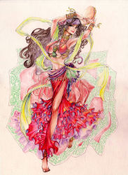 Rule 34 | 1girl, absurdres, anklet, barefoot, bikini, bikini top only, black eyes, black hair, bracelet, colored pencil (medium), covered erect nipples, curly hair, dancer, dancing, earrings, fantasy, gradient background, gypsy, highres, instrument, jewelry, long hair, long skirt, midriff, navel, necklace, original, skirt, smile, solo, ss (ssj2822533), swimsuit, tambourine, tiptoes, traditional clothes, traditional media
