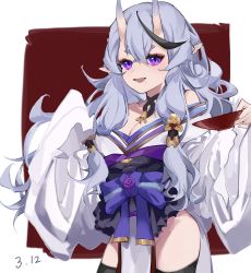 Rule 34 | 1girl, absurdres, black legwear, breasts, chengxiang dsa, choker, cleavage, collarbone, cup, dated, groin, highres, holding, holding cup, horns, japanese clothes, kimono, light purple hair, long hair, long sleeves, mole, mole under mouth, multicolored clothes, multicolored kimono, nijisanji, o-ring, obi, off shoulder, open mouth, parted lips, pointy ears, purple eyes, purple hair, rindou mikoto, sakazuki, sash, short kimono, skin-covered horns, sleeves past fingers, sleeves past wrists, solo, thighs, virtual youtuber, wavy hair, white kimono, wide sleeves