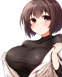 Rule 34 | 10s, 1girl, black shirt, blush, breasts, brown eyes, brown hair, don (29219), expressionless, hyuuga (kancolle), japanese clothes, kantai collection, large breasts, long sleeves, nontraditional miko, shirt, short hair, simple background, solo, undershirt, white background