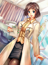 Rule 34 | 1girl, :d, bed, blue eyes, blush, breasts, brown hair, character request, doctor, hospital, hospital bed, intravenous drip, lab coat, medical, miniskirt, open mouth, original, pantyhose, paper, pencil skirt, privacy curtain, short hair, skirt, smile, solo, stethoscope, suoni (deeperocean)