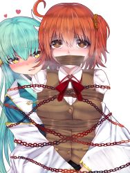 Rule 34 | 2girls, absurdres, ahoge, bdsm, black skirt, blush, bondage, bound, breasts, brown eyes, brown scrunchie, brown vest, chain, commentary request, dragon girl, dragon horns, fate/grand order, fate (series), fujimaru ritsuka (female), gag, green hair, green kimono, hair between eyes, hair ornament, hair scrunchie, heart, highres, homurahara academy school uniform, horns, improvised gag, japanese clothes, kimono, kiyohime (fate), legion (fox3498), long hair, long sleeves, looking at viewer, medium breasts, multiple girls, neck ribbon, one side up, open mouth, orange hair, red ribbon, ribbon, school uniform, scrunchie, shirt, side ponytail, simple background, skirt, sweat, sweatdrop, tagme, tape, tape bondage, tape gag, tearing up, upper body, vest, white background, white shirt, yandere, yellow eyes, you gonna get raped, yuri