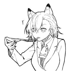 Rule 34 | 1girl, ^^^, animal ear fluff, animal ears, arknights, ascot, collared shirt, earrings, fingernails, food, greyscale, hair behind ear, hair between eyes, hand up, hatching (texture), highres, holding, holding food, jacket, jewelry, linear hatching, long sleeves, looking ahead, mole, mole above eye, mole on forehead, monochrome, penance (arknights), pizza, pizza slice, shirt, short hair, simple background, solo, surprised, tubuan (tubuan03), upper body, white background