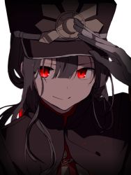 Rule 34 | 1boy, androgynous, black hair, cape, closed mouth, commentary request, fate/grand order, fate (series), gloves, hair between eyes, hand up, hat, hiiragi fuyuki, long hair, long sleeves, looking at viewer, male focus, oda nobukatsu (fate), peaked cap, red eyes, salute, simple background, smile, solo, upper body, white background
