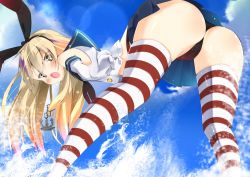 Rule 34 | 10s, 1girl, anchor hair ornament, ass, bare shoulders, bent over, blonde hair, blush, brown eyes, chikuwabuta, colored eyelashes, elbow gloves, fang, from behind, gloves, hair ornament, hairband, kantai collection, leaning, leaning forward, long hair, looking at viewer, microskirt, open mouth, panties, red panties, school uniform, serafuku, shimakaze (kancolle), shiny clothes, shiny skin, skirt, solo, striped clothes, striped thighhighs, thighhighs, underwear, upskirt, water