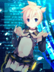 Rule 34 | 1boy, androgynous, bad id, bad pixiv id, blonde hair, blue eyes, choker, cosplay, crossdressing, detached sleeves, garter straps, hatsune miku, hatsune miku (append), kagamine len, male focus, miku append (cosplay), navel, nipple slip, nipples, ousaka nozomi, ponytail, solo, thighhighs, trap, vocaloid, vocaloid append