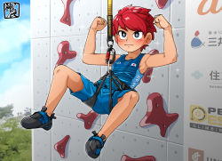 Rule 34 | + +, 1boy, armpits, black footwear, blue shirt, blue shorts, carabiner, climbing, climbing harness, climbing wall, closed mouth, commentary request, hanging, harness, japanese flag, kaminosaki, looking at viewer, male focus, morning, multicolored footwear, muscular, muscular male, original, outdoors, red hair, shirt, shoes, shorts, signature, sleeveless, sleeveless shirt, sparkle, sportswear, symbol-shaped pupils, the north face