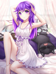 Rule 34 | 1girl, anklet, armpits, barefoot, bed, blurry, blurry background, breasts, canopy bed, cat, cleavage, collarbone, commission, curtains, dress, female focus, frilled dress, frills, gigamessy, hair between eyes, hands on own head, jewelry, lingerie, long hair, looking at viewer, negligee, original, parted lips, pillow, purple eyes, purple hair, ribbon, short dress, sitting, sleeveless, sleeveless dress, small breasts, solo, transparent, underwear, white dress, white ribbon