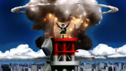 Rule 34 | 1girl, bad id, bad pixiv id, black hair, city, day, explosion, closed eyes, female focus, happy, highres, long hair, mousou dairinin, mushroom cloud, nuclear explosion, nuclear weapon, open mouth, parody, reiuji utsuho, ribbon, sky, smile, solo, touhou, tsuyuki, tsuyuki (yukitgraph), very long hair, weapon of mass destruction, wings