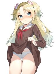 Rule 34 | 1girl, black thighhighs, blonde hair, blue eyes, blue hair, blush, bow, bow panties, brown dress, closed mouth, clothes lift, commentary, dress, flower, gradient hair, hair flower, hair ornament, hashtag-only commentary, hasu no sora school uniform, highres, lifted by self, light frown, link! like! love live!, long hair, looking at viewer, love live!, multicolored hair, osawa rurino, panties, school uniform, skirt, skirt lift, solo, tesa otaku, thighhighs, twintails, underwear, uniform, white background, white panties