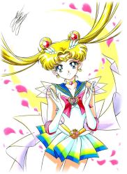 Rule 34 | 1girl, bishoujo senshi sailor moon, blonde hair, blue eyes, blue sailor collar, bow, brooch, choker, cowboy shot, crescent, crescent earrings, double bun, earrings, elbow gloves, gloves, hair bun, hair ornament, hairpin, heart, heart brooch, jewelry, long hair, looking at viewer, magical girl, marco albiero, marker (medium), multicolored clothes, multicolored skirt, petals, pleated skirt, red bow, sailor collar, sailor moon, signature, skirt, smile, solo, super sailor moon, tiara, traditional media, tsukino usagi, twintails, white background, white gloves