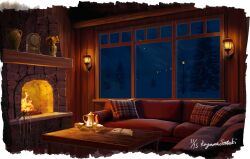 book clock commentary_request couch cup dated fire fireplace highres indoors koyama_satsuki lamppost night no_humans original scenery signature snow table teacup teapot tree vase wall_lamp window wooden_wall