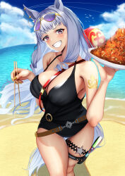 Rule 34 | 1girl, animal ears, beach, between breasts, black choker, black one-piece swimsuit, blue sky, blush, bracelet, breasts, choker, chopsticks, cleavage, cloud, cloudy sky, commentary request, cowboy shot, ear ornament, earrings, eyewear on head, gold ship (run revolt launcher) (umamusume), gold ship (umamusume), grey hair, grin, highres, holding, holding chopsticks, holding plate, holster, horse ears, horse girl, jewelry, large breasts, long hair, official alternate costume, official alternate hairstyle, one-piece swimsuit, outdoors, plate, purple eyes, sand, single earring, sky, smile, solo, strap between breasts, sunglasses, swimsuit, thigh holster, thigh strap, tongue, tongue out, tsukareme, umamusume, v-shaped eyebrows, water, water gun, yakisoba