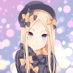 Rule 34 | 1girl, abigail williams (fate), black bow, black dress, black hat, blonde hair, blue eyes, blush, bow, breasts, closed mouth, dress, fate/grand order, fate (series), forehead, fumika (moeshin), hair bow, hat, long hair, looking at viewer, multiple hair bows, orange bow, parted bangs, polka dot, polka dot bow, ribbed dress, sleeves past fingers, sleeves past wrists, small breasts, smile, solo