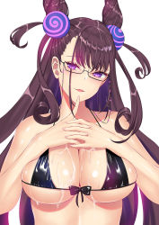 Rule 34 | 1girl, bare shoulders, bikini, black-framed eyewear, black bikini, black bow, blush, bow, breasts, brown hair, cleavage, commentary request, cone hair bun, cum, cum on body, cum on breasts, cum on upper body, eyewear strap, fate/grand order, fate (series), finger to mouth, fingernails, glasses, hair bun, hair ornament, hands on own chest, head tilt, index finger raised, large breasts, long hair, looking at viewer, majin (kiidoumajin), micro bikini, murasaki shikibu (fate), nail polish, own hands together, pink nails, purple eyes, semi-rimless eyewear, shiny skin, simple background, smile, solo, swimsuit, under-rim eyewear, upper body, very long hair, white background