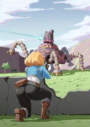 Rule 34 | 1girl, ass, automatic giraffe, blonde hair, boots, breasts, brown footwear, commentary, english commentary, from behind, goddess of victory: nikke, guardian (zelda), gun, highres, mecha, medium breasts, nintendo, on one knee, outdoors, pants, pointy ears, princess zelda, rifle, robot, shirt, sniper rifle, the legend of zelda, the legend of zelda: breath of the wild, the legend of zelda: tears of the kingdom, tree, weapon