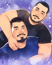 Rule 34 | 2boys, bara, beard, blush, buzz cut, commission, couple, daisukebear, facial hair, feeling facial hair, highres, light smile, looking at viewer, male focus, mature male, multiple boys, muscular, muscular male, mustache, original, pectorals, purple background, realistic, receding hairline, shirt, short hair, sideburns, smile, t-shirt, thick eyebrows, thick mustache, upper body, very short hair, yaoi