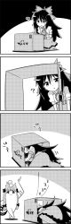 Rule 34 | 4koma, ?, animal ears, bow, box, braid, cat ears, cat tail, comic, commentary request, greyscale, hair bow, highres, in box, in container, kaenbyou rin, kneeling, long hair, looking inside, monochrome, multiple tails, on head, reiuji utsuho, short sleeves, skirt, sparkle, tail, tani takeshi, touhou, translation request, twin braids, yukkuri shiteitte ne, zzz