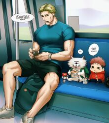 Rule 34 | 2boys, akutami gege (avatar), animal, backpack, bag, black shorts, blonde hair, blue shirt, cat, character name, closed mouth, cyclops, earphones, english text, facial mark, food, highres, holding, holding food, holding phone, hood, hood down, hoodie, itadori yuuji, juice box, jujutsu kaisen, large pectorals, looking at phone, male focus, multiple boys, muscular, muscular male, nanami kento, one-eyed, open mouth, pectorals, phone, pink hair, shirt, short hair, shorts, sitting, smile, twitter username, watch, white cat, wristwatch, yuana