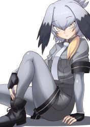 Rule 34 | &gt;:|, 10s, 1girl, :|, black hair, breast pocket, closed mouth, commentary, finalcake, fingerless gloves, from side, frown, gloves, grey hair, grey shirt, hair between eyes, hand on own leg, head wings, highres, kemono friends, looking at viewer, multicolored hair, necktie, pantyhose, pocket, shirt, shoebill (kemono friends), short hair, short sleeves, sitting, solo, translated, v-shaped eyebrows, wings, yellow eyes