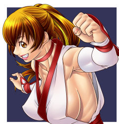 Rule 34 | 1girl, armpits, breasts, brown eyes, brown hair, dead or alive, elbow gloves, gloves, grin, kasumi (doa), lips, lipstick, makeup, masato (mk), ponytail, ribs, sideboob, smile, solo, tecmo