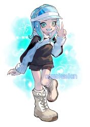 Rule 34 | 1girl, black hoodie, blue background, blue eyes, blue hair, blue hat, boots, c0 mai, commentary, commission, cross-laced footwear, eyebrow cut, full body, hat, highres, hood, hoodie, long hair, looking at viewer, nintendo, octoling, octoling girl, octoling player character, open mouth, sleeves past wrists, smile, solo, splatoon (series), splatoon 3, standing, standing on one leg, teeth, tentacle hair, two-tone background, two-tone hoodie, visor cap, w, watermark, white background, white hoodie