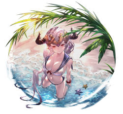 Rule 34 | 1girl, aliza (granblue fantasy), barefoot, beach, bikini, bikini bottom only, black bikini, blush, breasts, cleavage, closed mouth, collarbone, day, draph, earrings, granblue fantasy, hair pulled back, highres, horns, jewelry, kneeling, large breasts, lips, long hair, looking at viewer, looking back, navel, outdoors, pointy ears, red eyes, sailor collar, silver hair, single earring, solo, starfish, swimsuit, very long hair, water