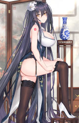 Rule 34 | 1girl, absurdres, ass, azuma (azur lane), azuma (soft voice of spring) (azur lane), azur lane, bare shoulders, black hair, black thighhighs, blush, breasts, chinese clothes, covered navel, dress, dressing, flower, garter belt, hair between eyes, hair flower, hair ornament, high heels, highres, indoors, lace, lace-trimmed legwear, lace trim, large breasts, long hair, looking at viewer, muka tsuku, smile, solo, thighhighs, thighs, vase, very long hair, white flower, white footwear